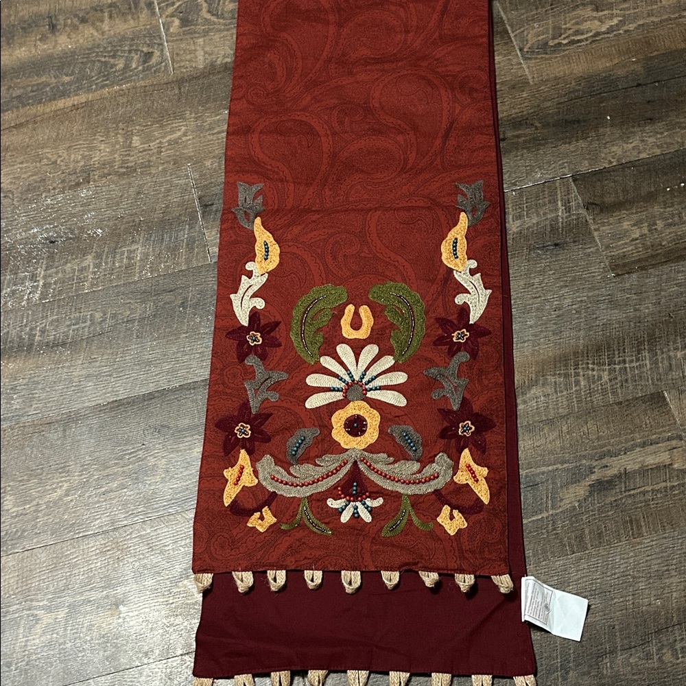 Pier 1 Table Runner 13" x 72" Beaded‎ Fall Colors Red Yellow Tapestry